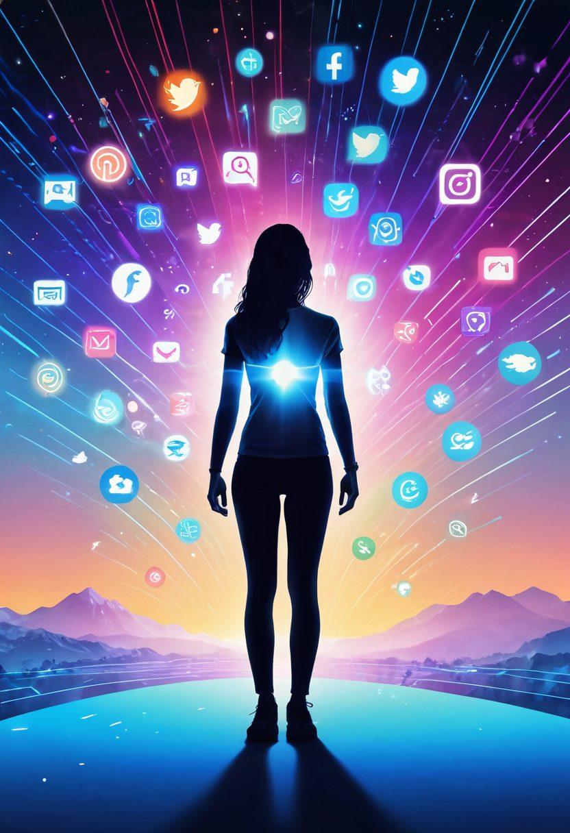 A person standing confidently in a vast digital landscape, surrounded by vibrant social media icons and data streams, symbolizing the power of reclaiming one's voice in the digital realm. Their raised hand emits a glowing aura, representing protection and empowerment. The background features a blend of serene colors, suggesting harmony and balance in sharing one's digital space. super-realistic. vibrant colors. 3D.