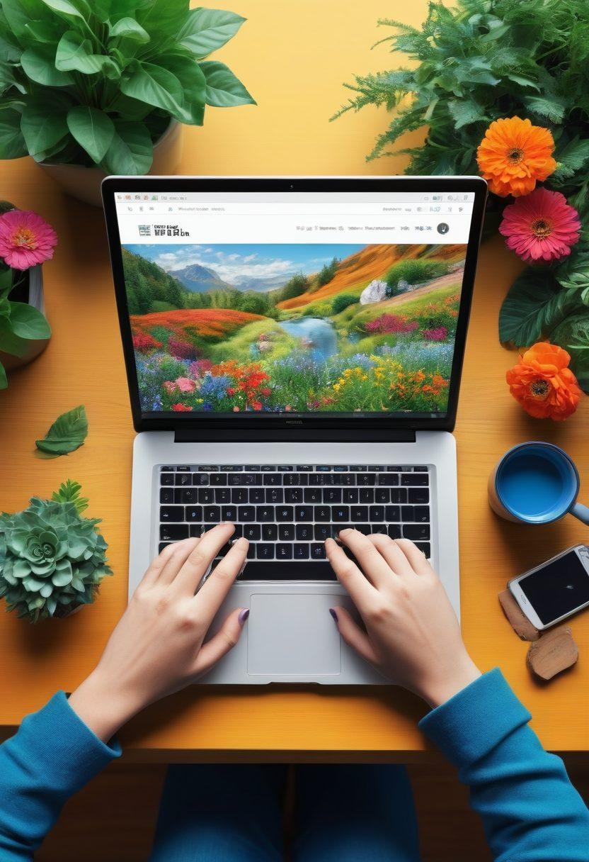 A cozy digital workspace featuring a laptop with an open online journal, surrounded by a diverse group of people engaging through social media on their devices, sharing ideas and building connections. The background shows various social platform icons intertwined with nature elements like plants and flowers to symbolize community growth. Bright, inviting colors to evoke a sense of collaboration and creativity. super-realistic. vibrant colors. 3D.