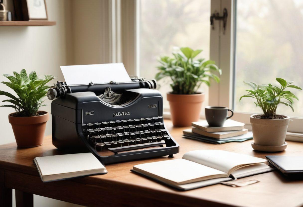 A serene and inviting workspace featuring a cozy desk adorned with a vintage typewriter, notebooks, and a laptop, with soft natural light illuminating the scene. In the background, a tranquil digital landscape is visible, symbolizing the concept of an online diary. Personal touches like potted plants and inspirational quotes create a warm atmosphere. The overall ambiance encourages creativity and reflection. super-realistic. soft colors. cozy vibes.